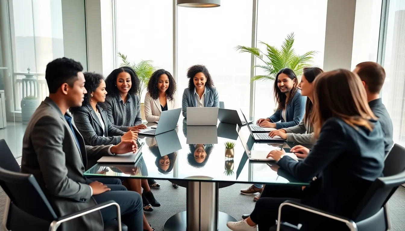 diverse professionals engaged in a collaborative discussion in a modern office.