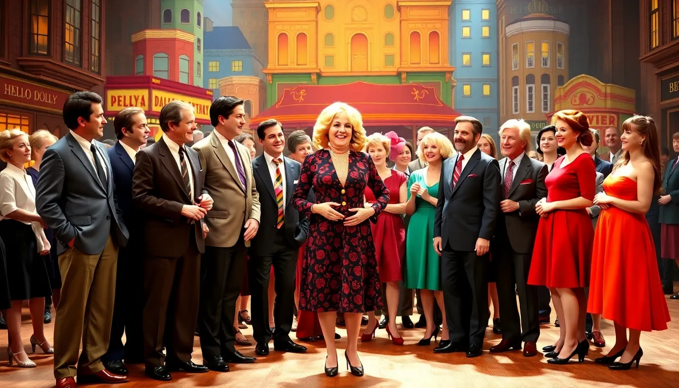 cast of Hello Dolly in a vibrant Broadway-style setting.