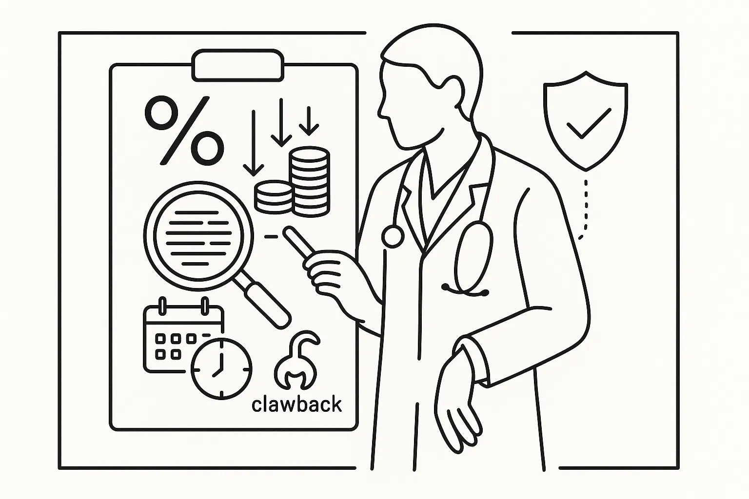 Veterinarian examining a contract with percentage, deductions, calendar, magnifier, and shield.