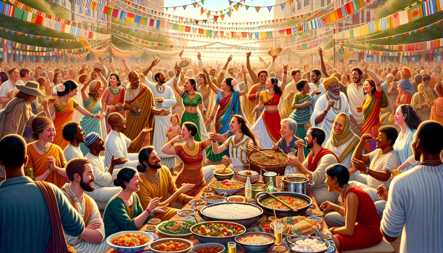 diverse group celebrating at a vibrant festival with food and dance.