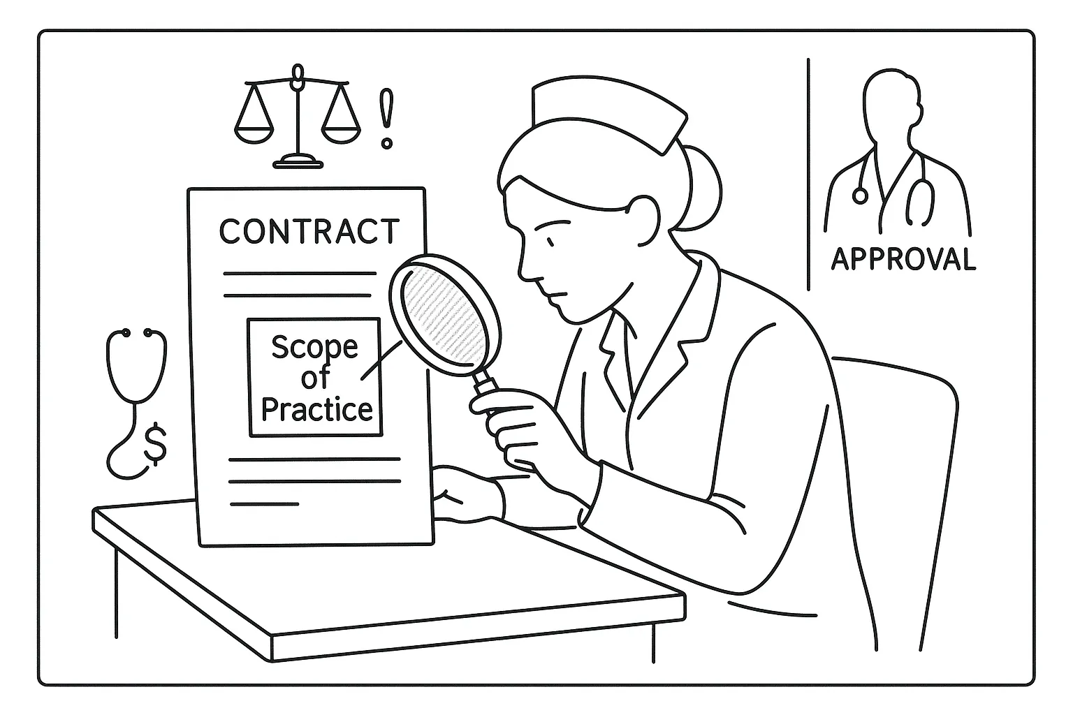 Nurse practitioner inspecting a contract clause with magnifying glass at desk.