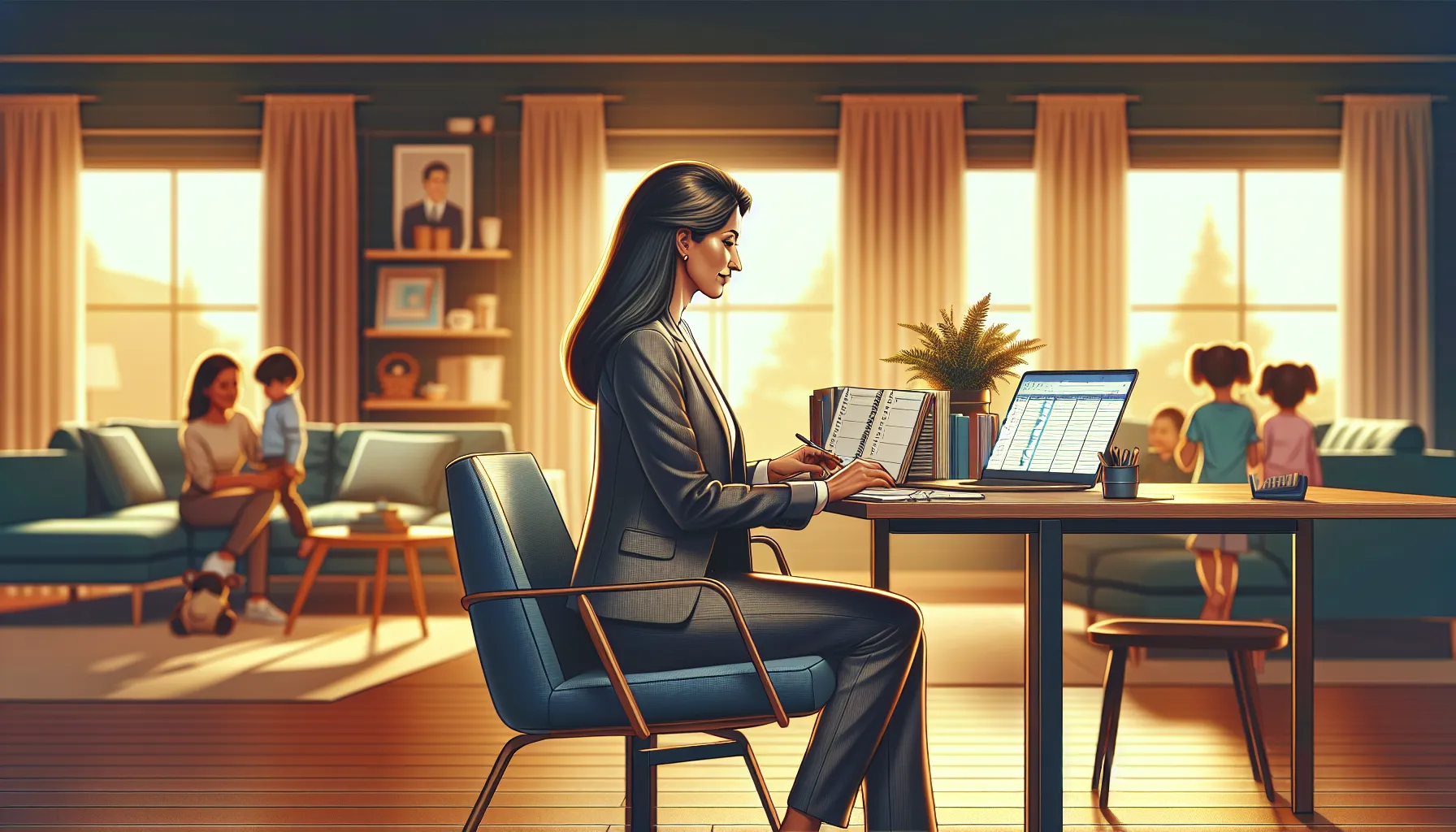 woman balancing work and family in a modern home office.