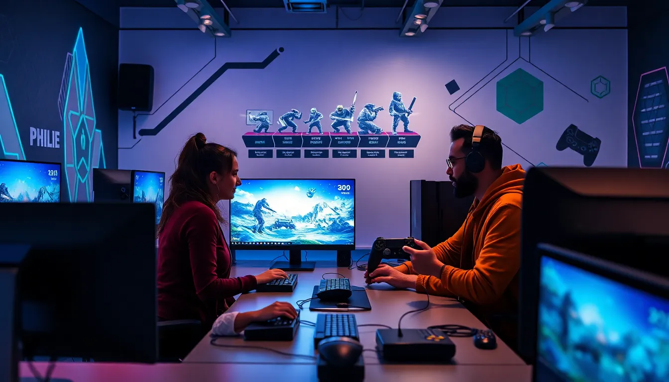 diverse professionals collaborating in a modern gaming studio.