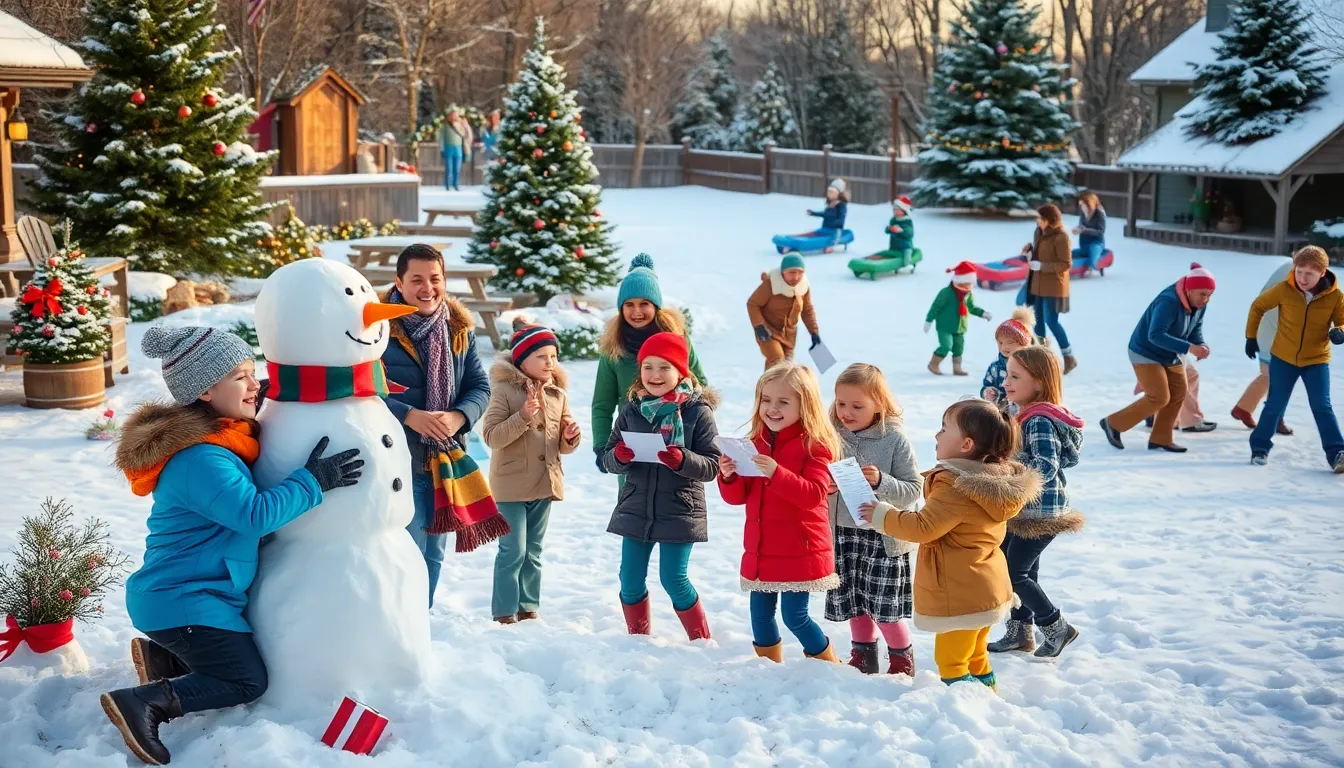family engaged in outdoor Christmas games in a snowy setting.