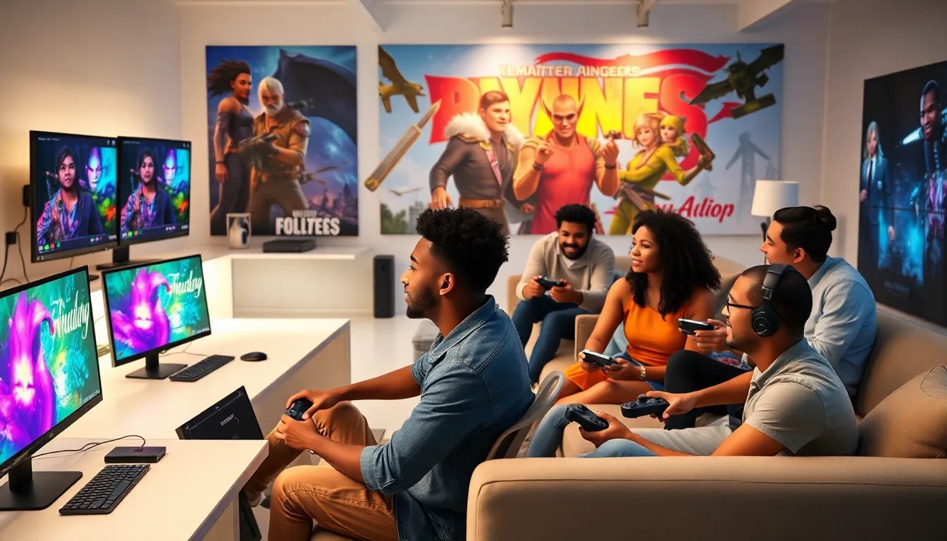 diverse gamers interacting in a modern gaming workspace.
