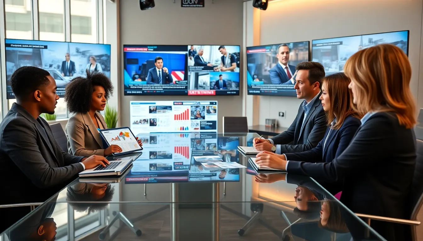 journalists collaborating in a modern newsroom with visuals on display.