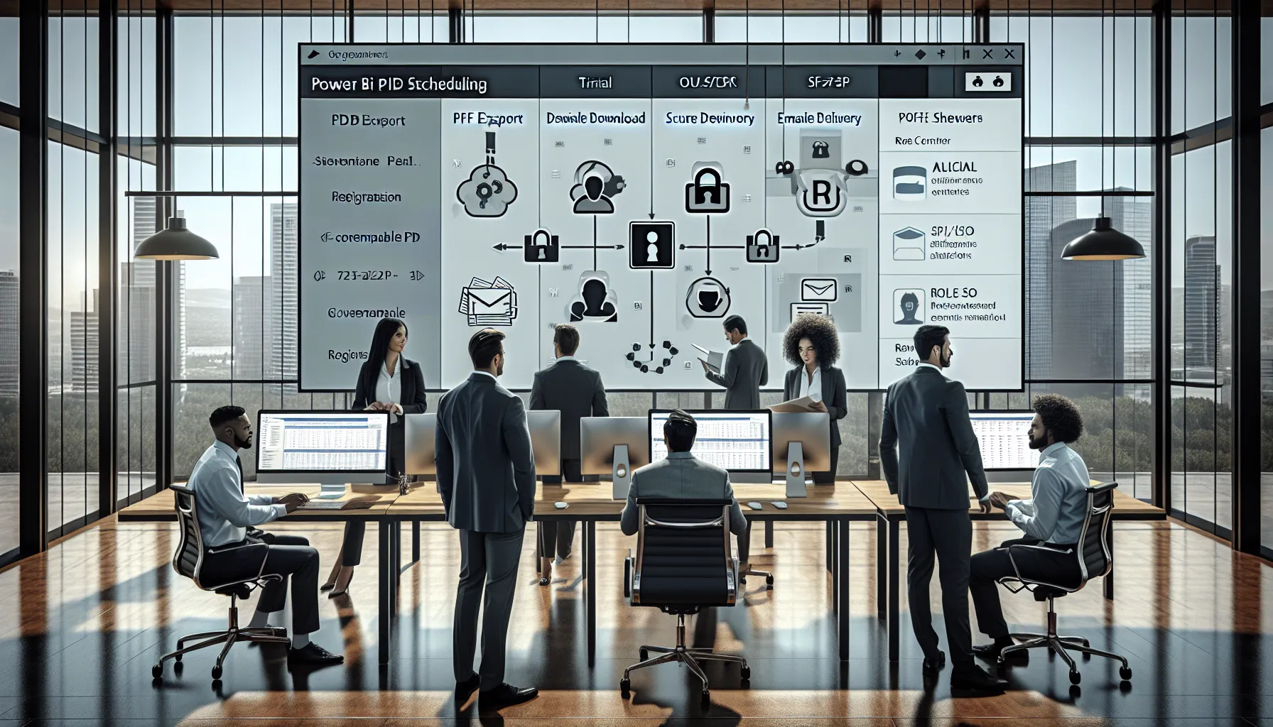IT professionals configure a secure Power BI PDF scheduler trial in a modern office.