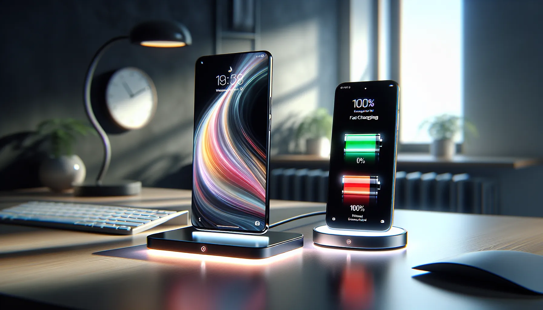 A Samsung phone charging rapidly alongside an iPhone showing full battery.