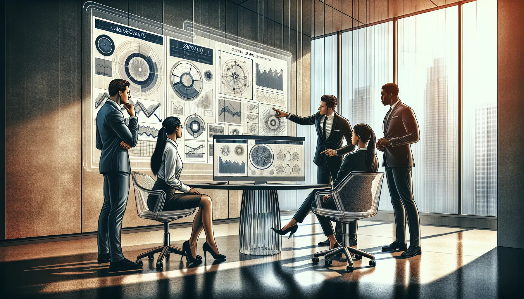 diverse team discussing data insights in a modern office.