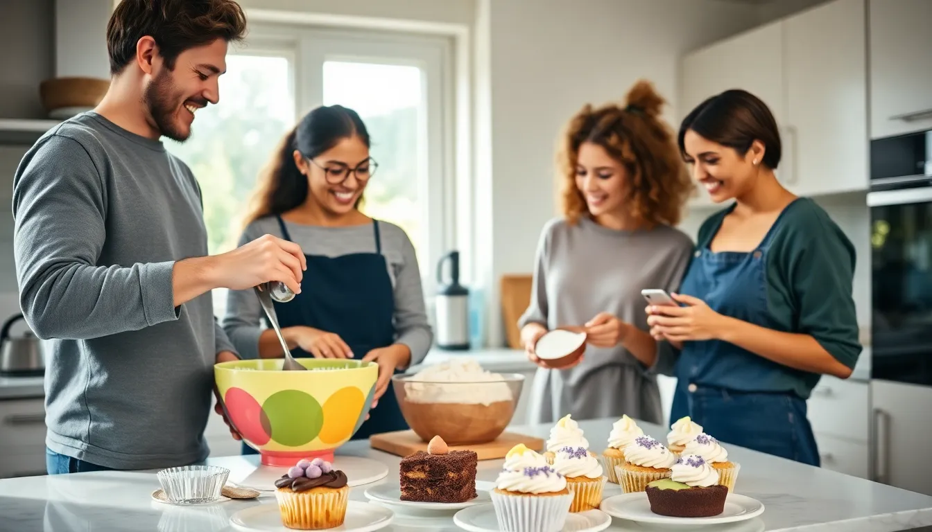 diverse group enjoying dessert-making in a cozy kitchen.