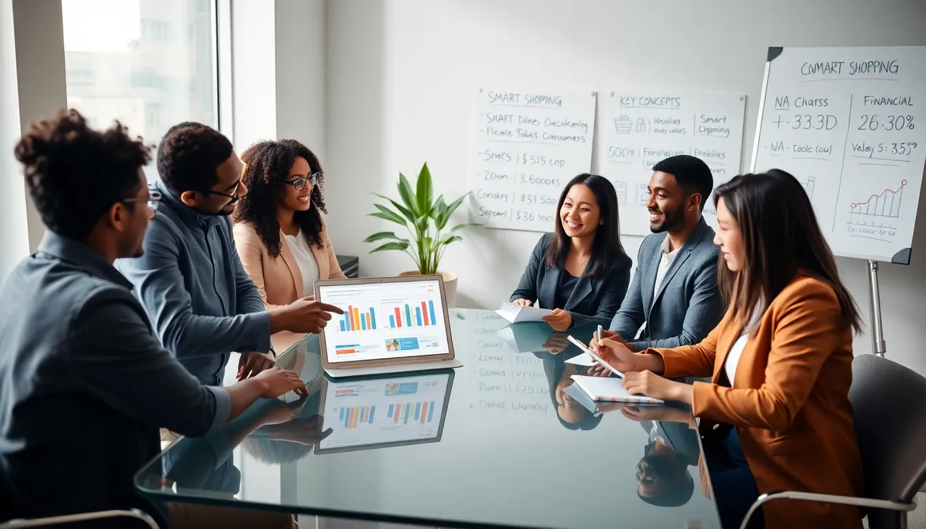 Professionals discussing smart shopping strategies in a modern office.