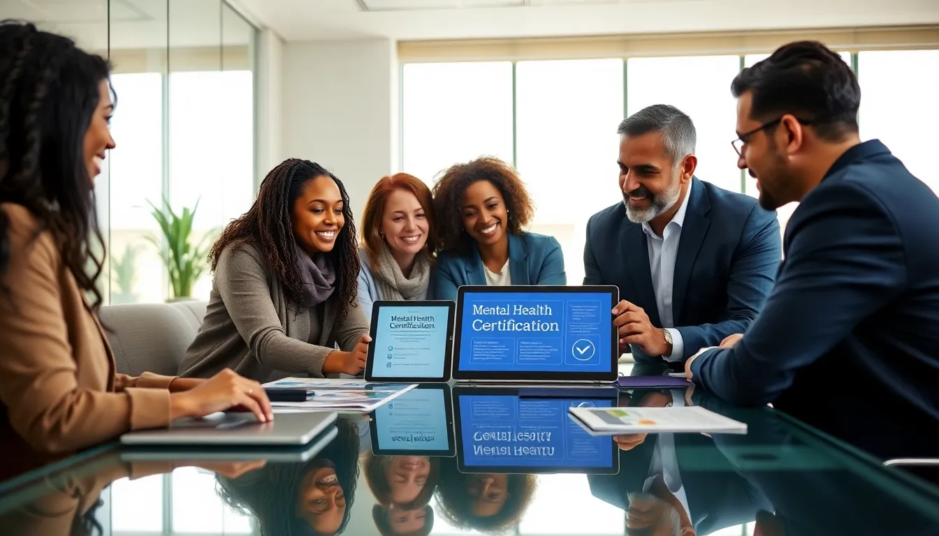 mental health professionals discussing certifications in a modern office.
