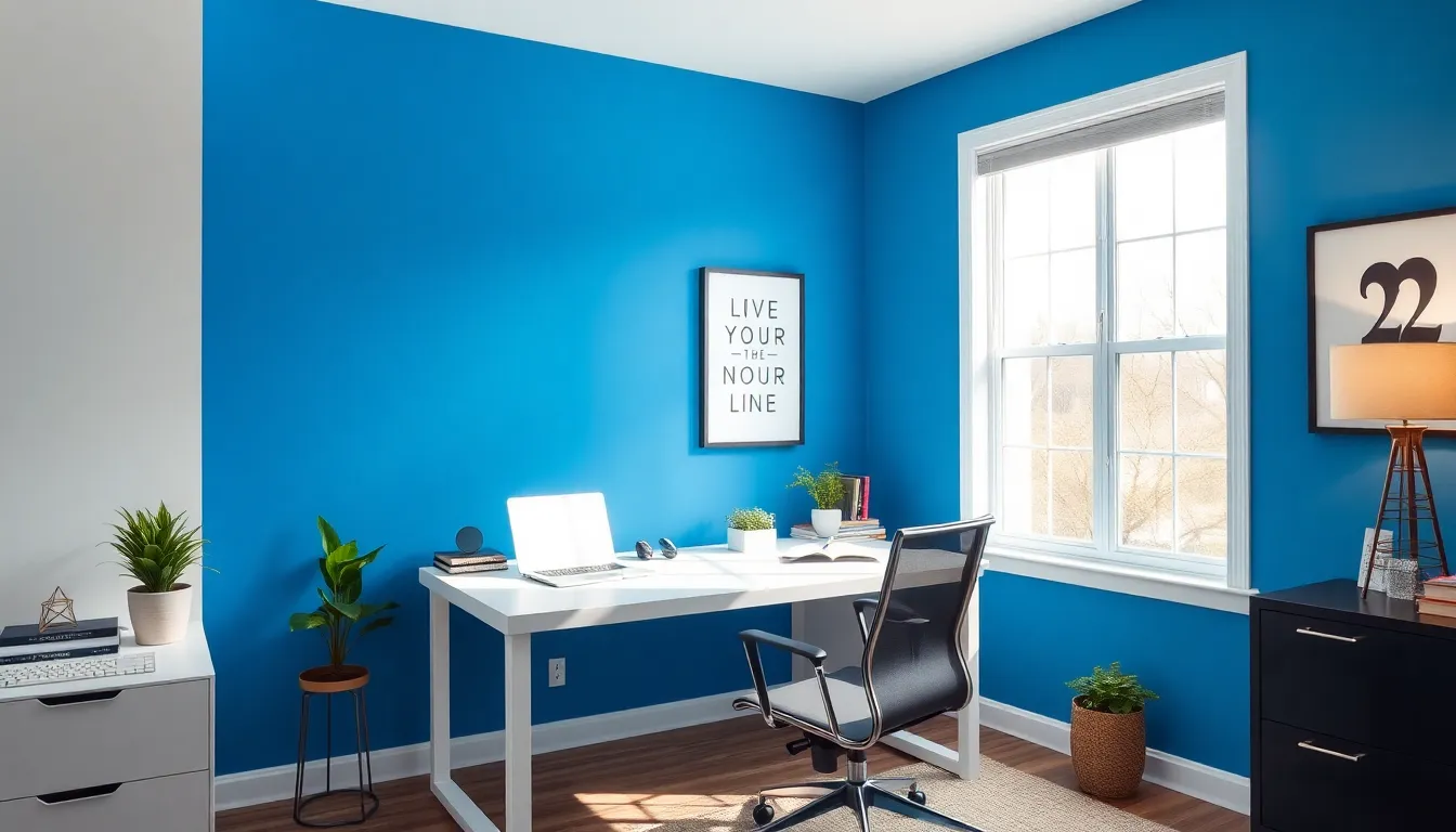 A modern home office with a vibrant blue accent wall.