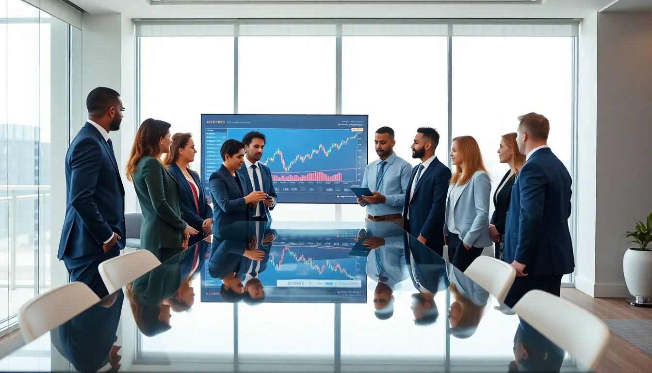 diverse finance team assessing stock market index data in a modern office.
