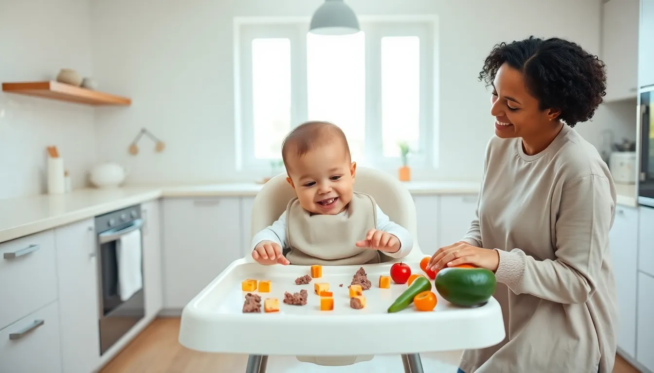 a baby exploring finger foods during baby-led weaning in a modern kitchen.