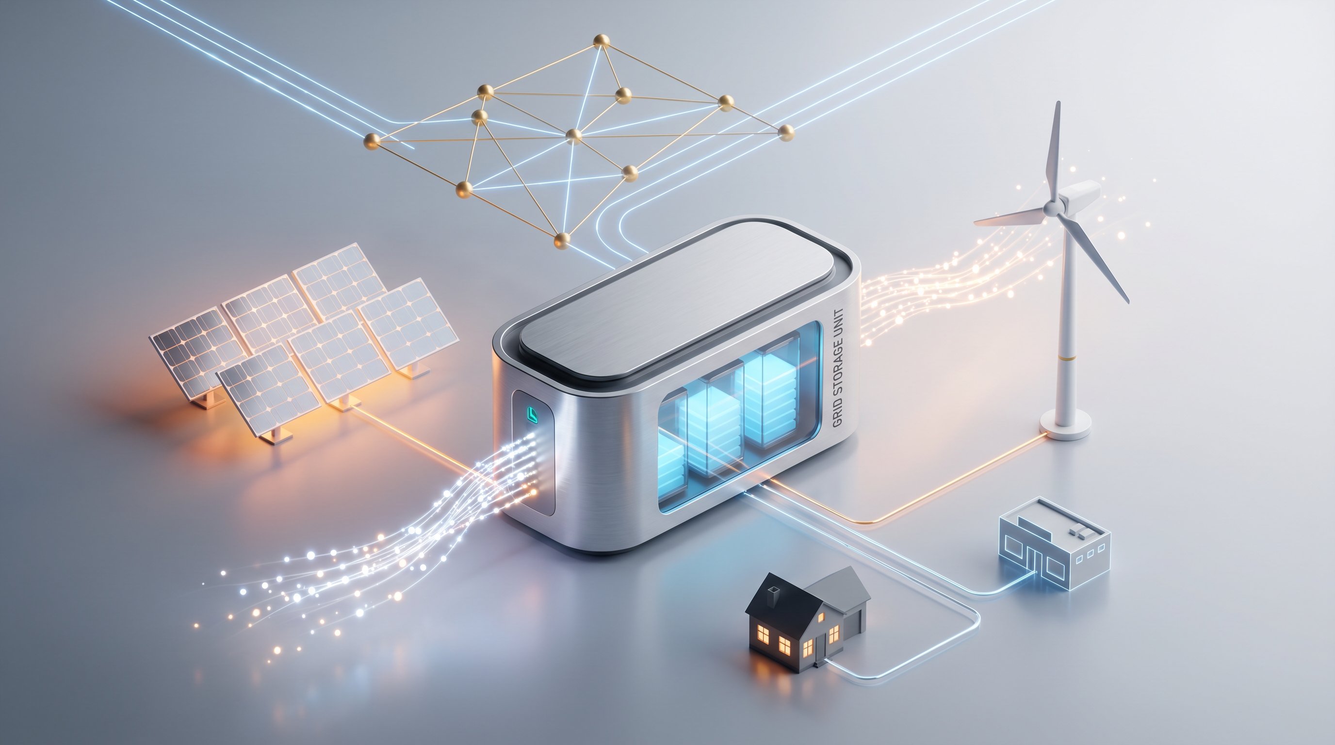 3D render of grid-connected battery energy storage system with solar panels, wind turbine, and power grid.