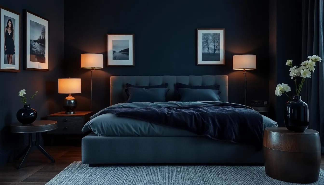 stylish dark moody bedroom with sophisticated decor.