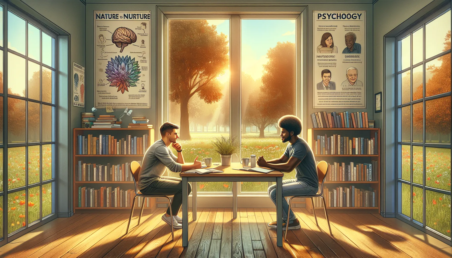 two young men discussing the nature versus nurture debate in a cozy setting.