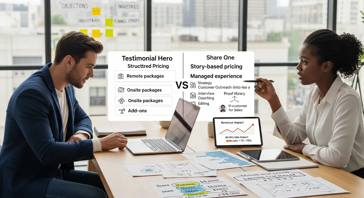 Two marketers compare Share One and Testimonial Hero pricing and ROI on a laptop.