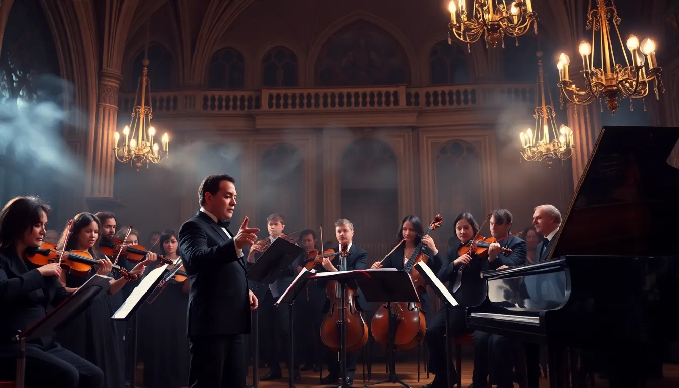 musicians performing spooky classical music in a dimly lit concert hall.