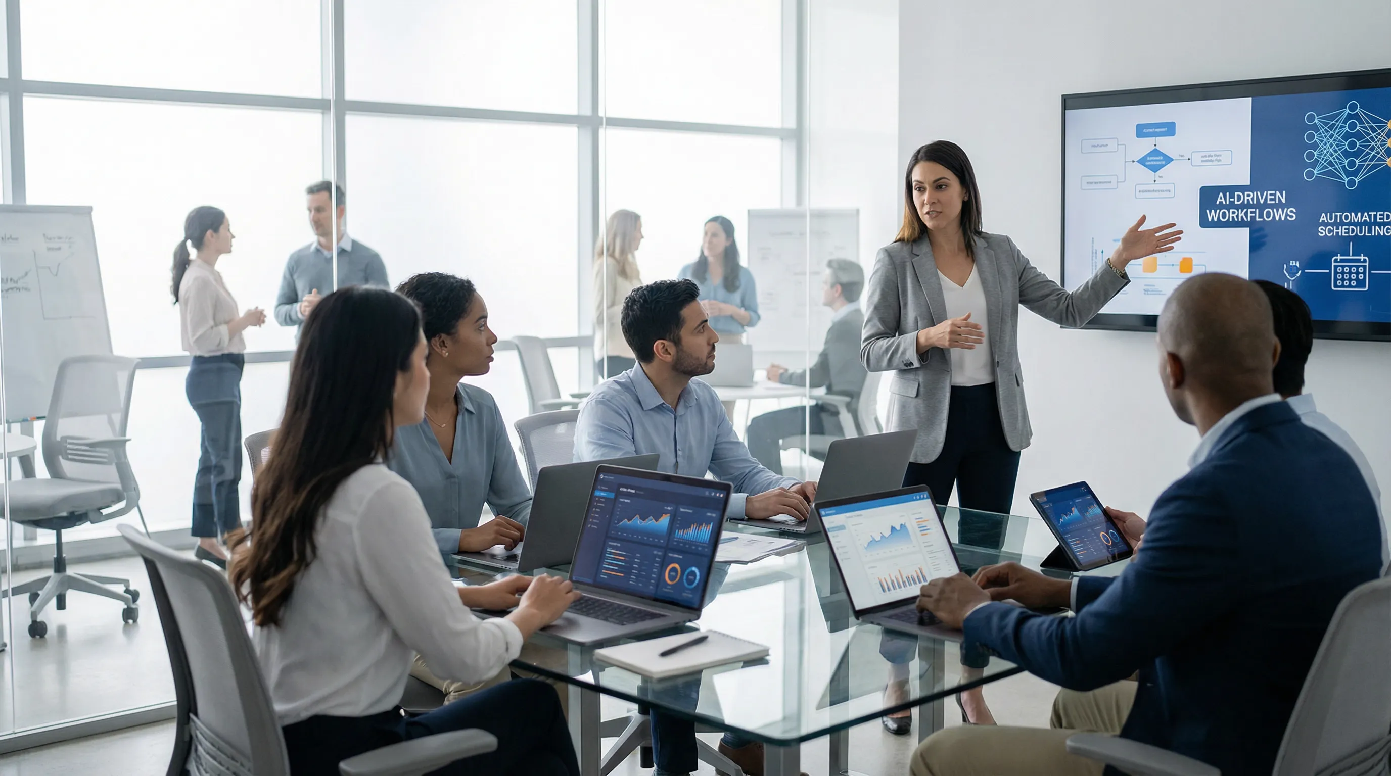 Service professionals collaborating with AI dashboards in a modern office setting.