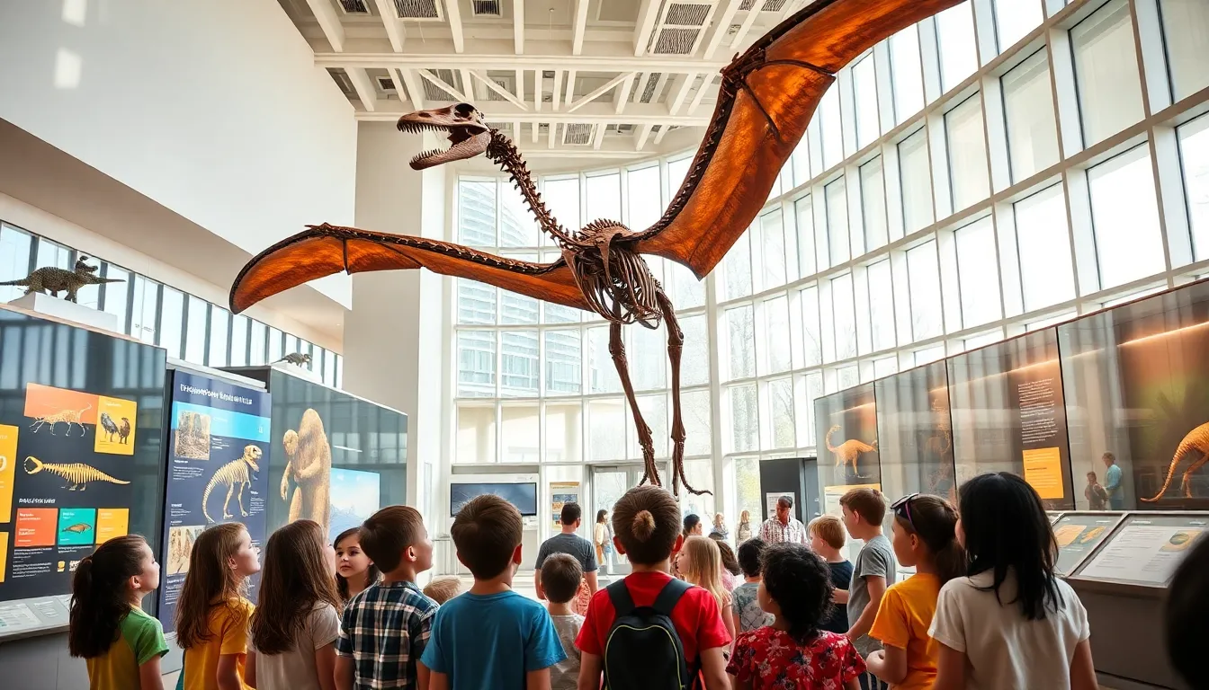 children exploring a pterosaur exhibit in a life science museum.