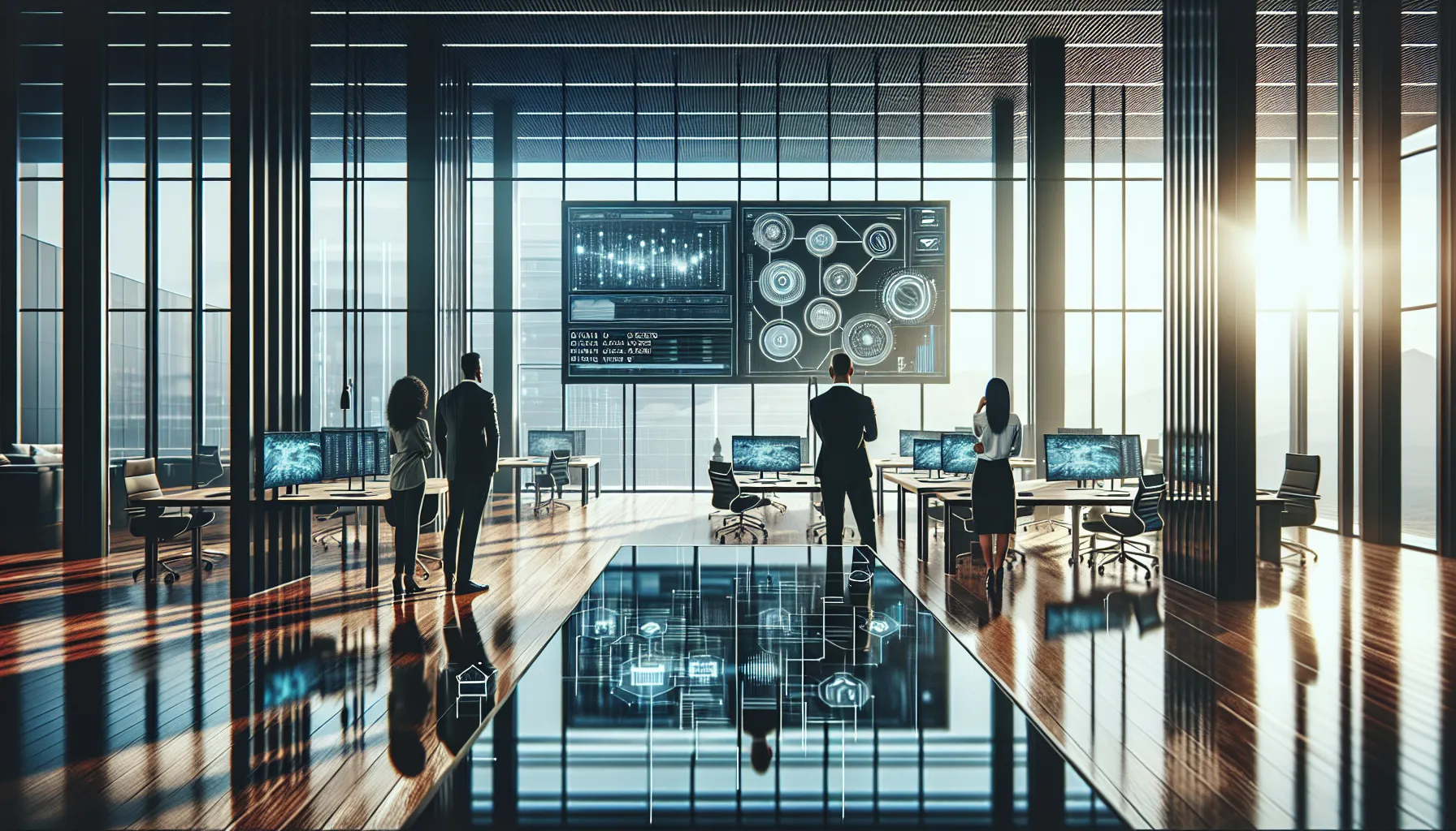 diverse professionals discussing data trends in a modern office.