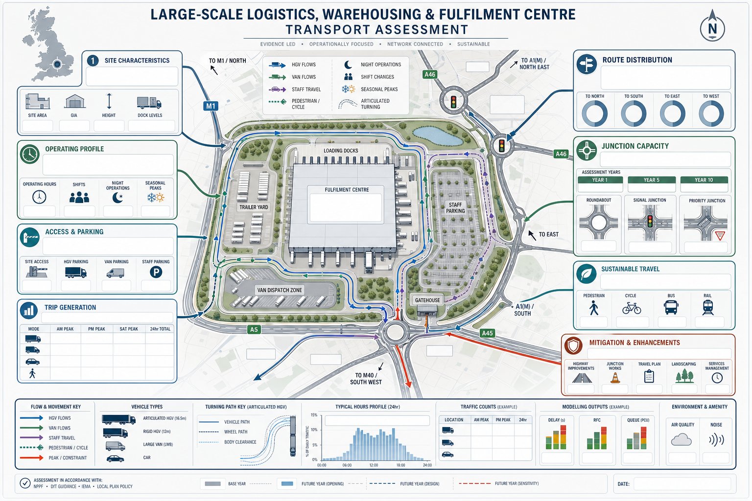 Infographic of a UK logistics hub transport assessment and surrounding road impacts.