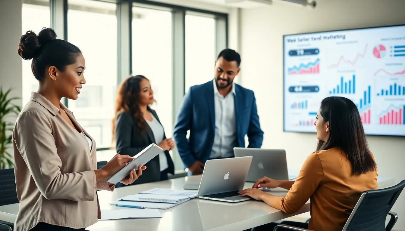 diverse team collaborating in a modern office for online marketing.