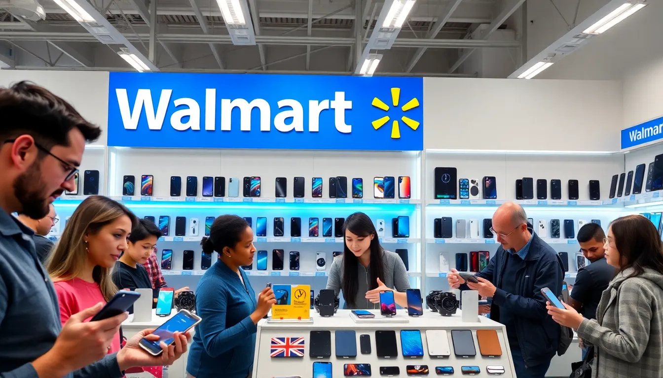customers selecting from a variety of mobile phones in Walmart.