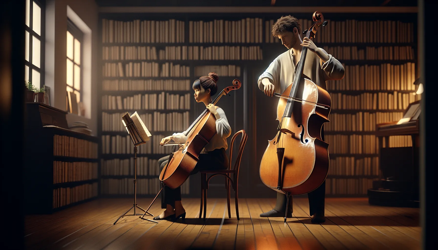 A cellist seated and a double bassist standing in a cozy music studio.
