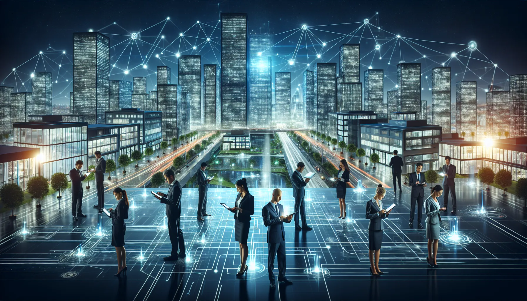 futuristic smart city with professionals discussing technology innovations.