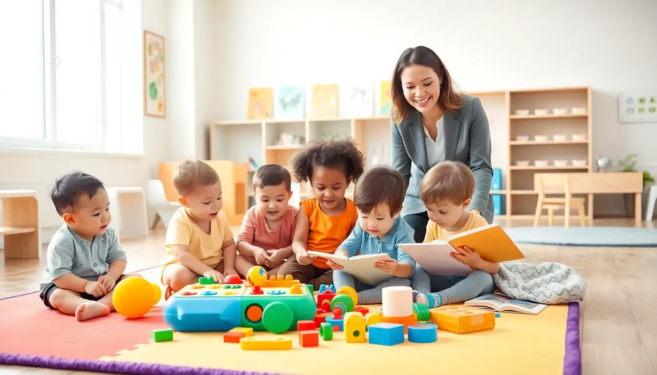 diverse children playing in a modern daycare environment.