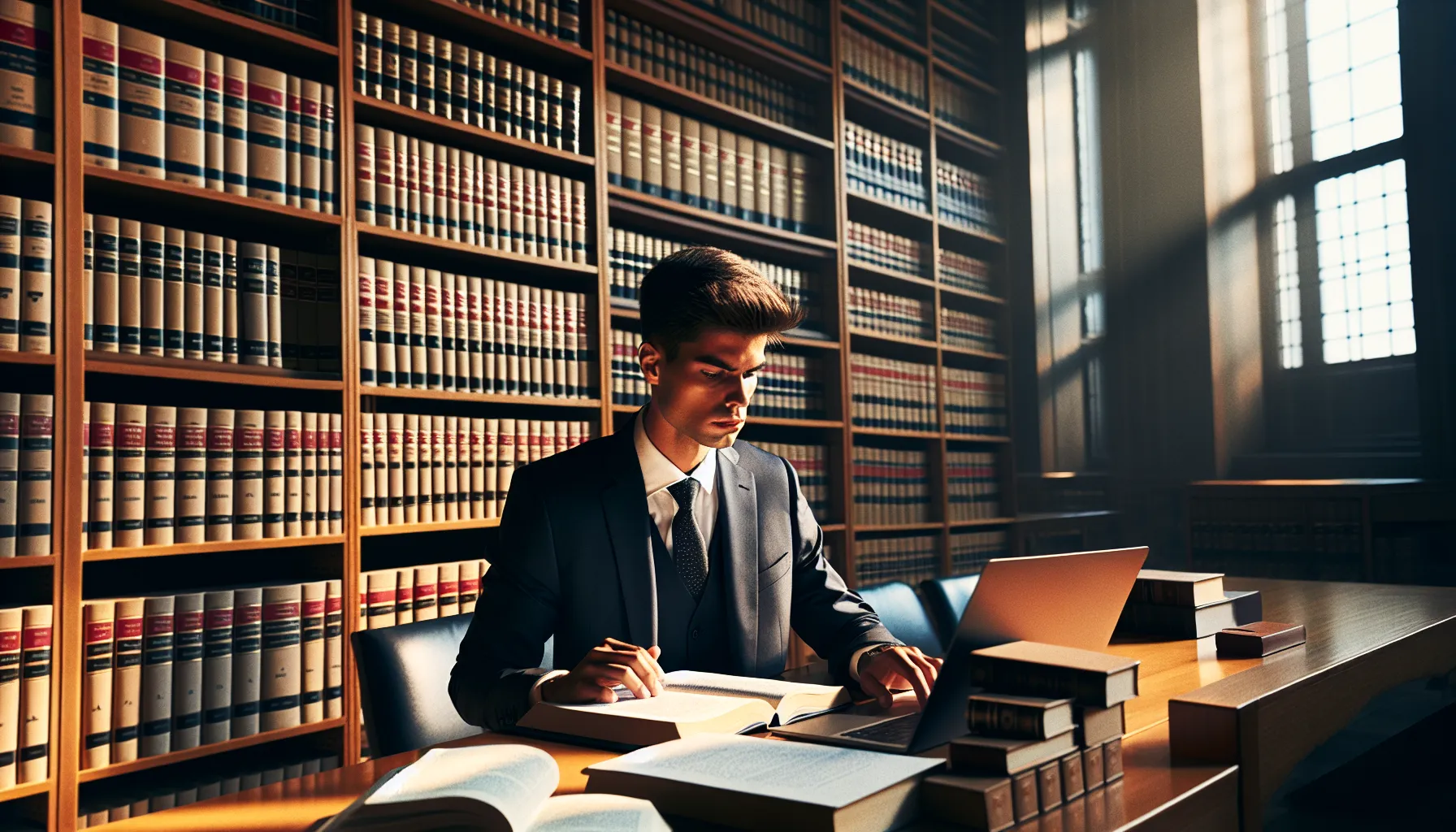Legal professional studying for Croatian judicial exam in modern law library