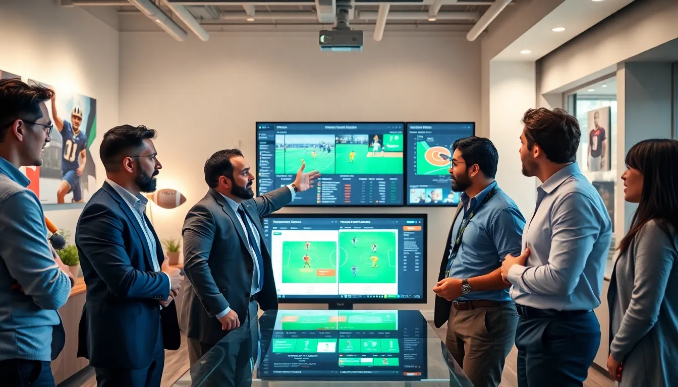 diverse team analyzing football analytics in a modern office.