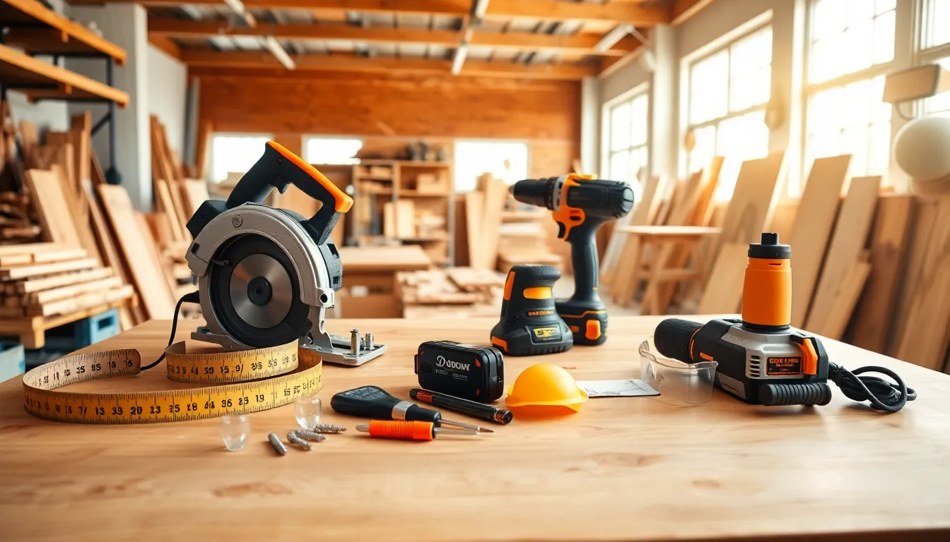 woodworking tools arranged on a workbench in a bright workshop.