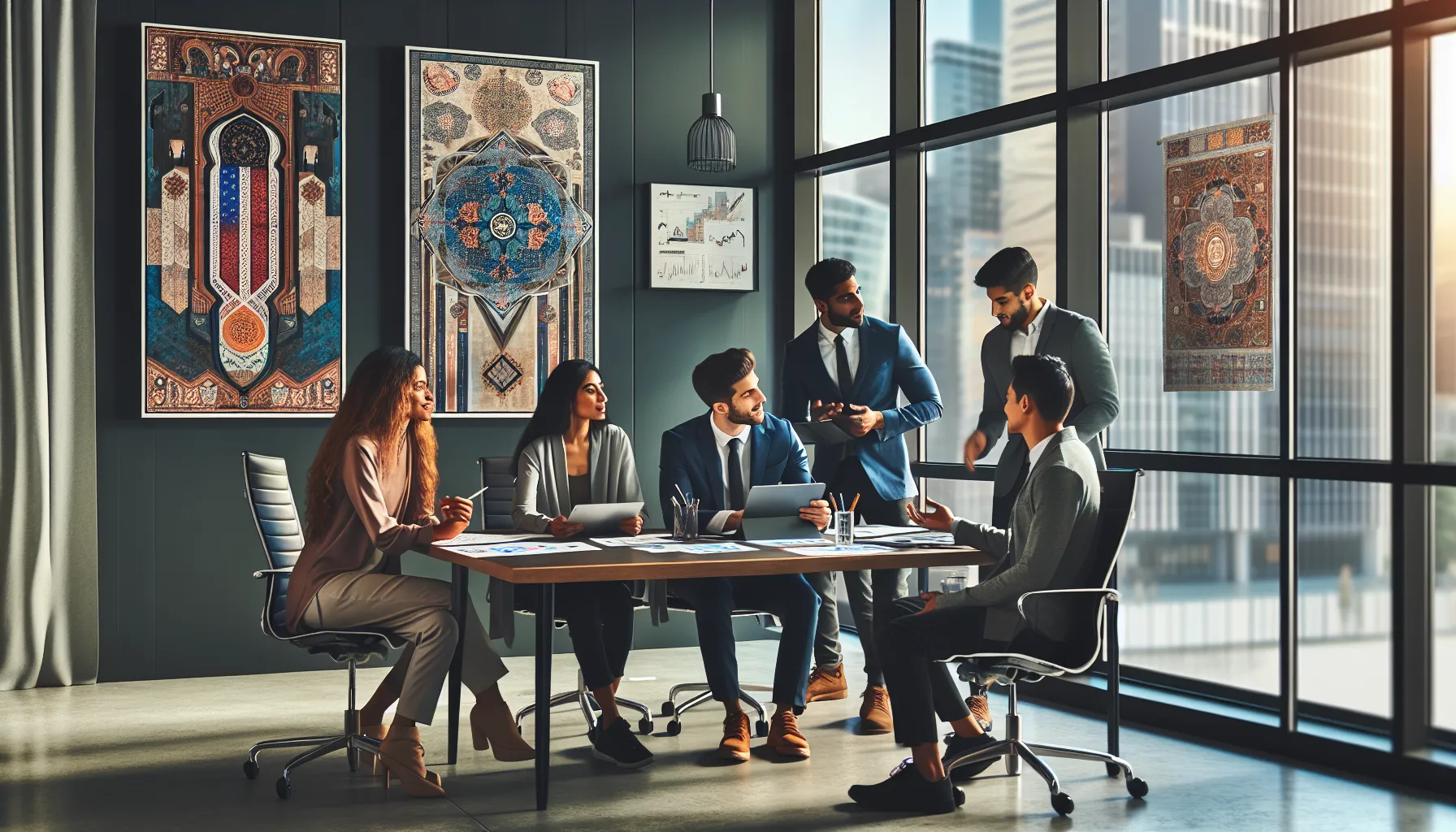 diverse professionals discussing culture and identity in a modern office.