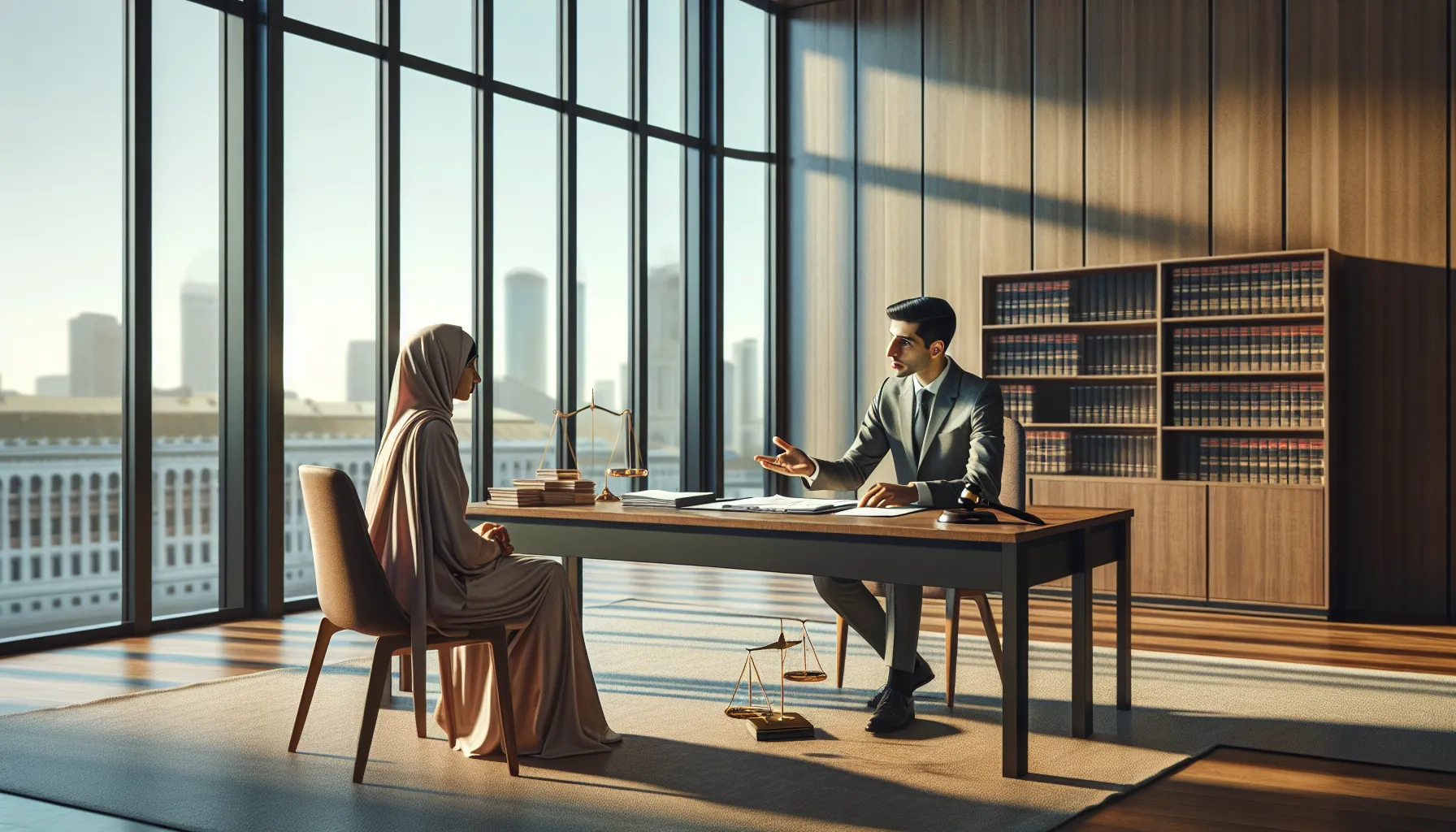 Family lawyer consulting with adult child about parental guardianship in Croatian legal office.