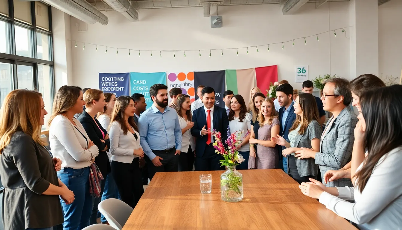 diverse group discussing budget-friendly event planning in a modern space.