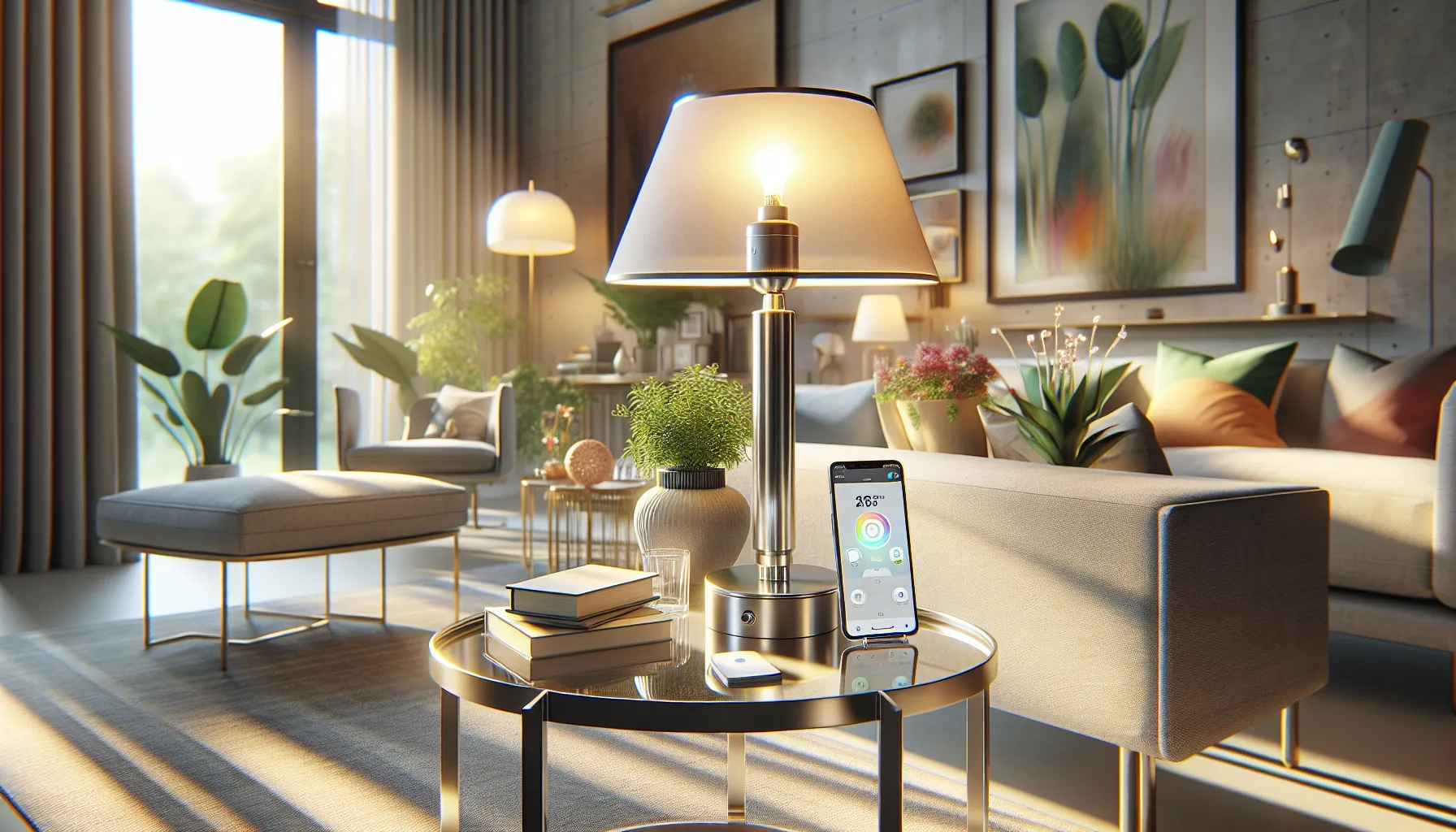 modern living room with the Lwtc148 lamp and smartphone control.