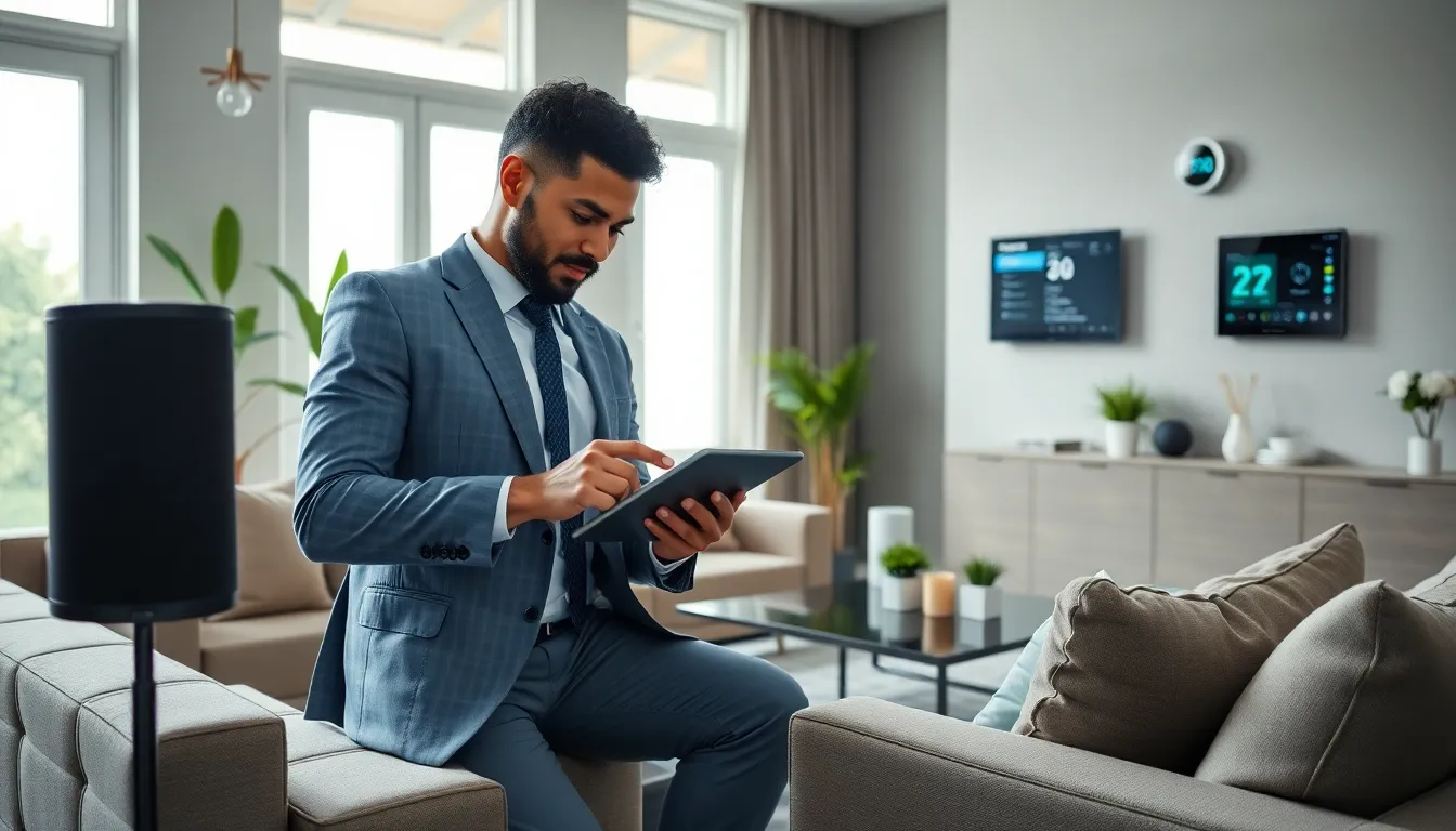 a person adjusting smart home devices in a modern living room.