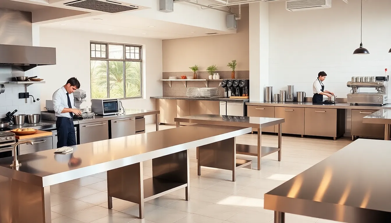 Professionals using stainless steel benches in kitchen and café workspaces.