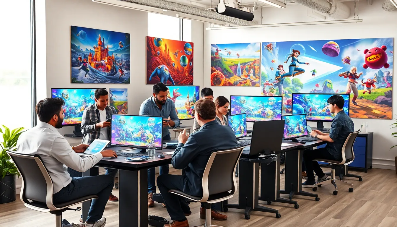 diverse team collaborating in a modern gaming studio.