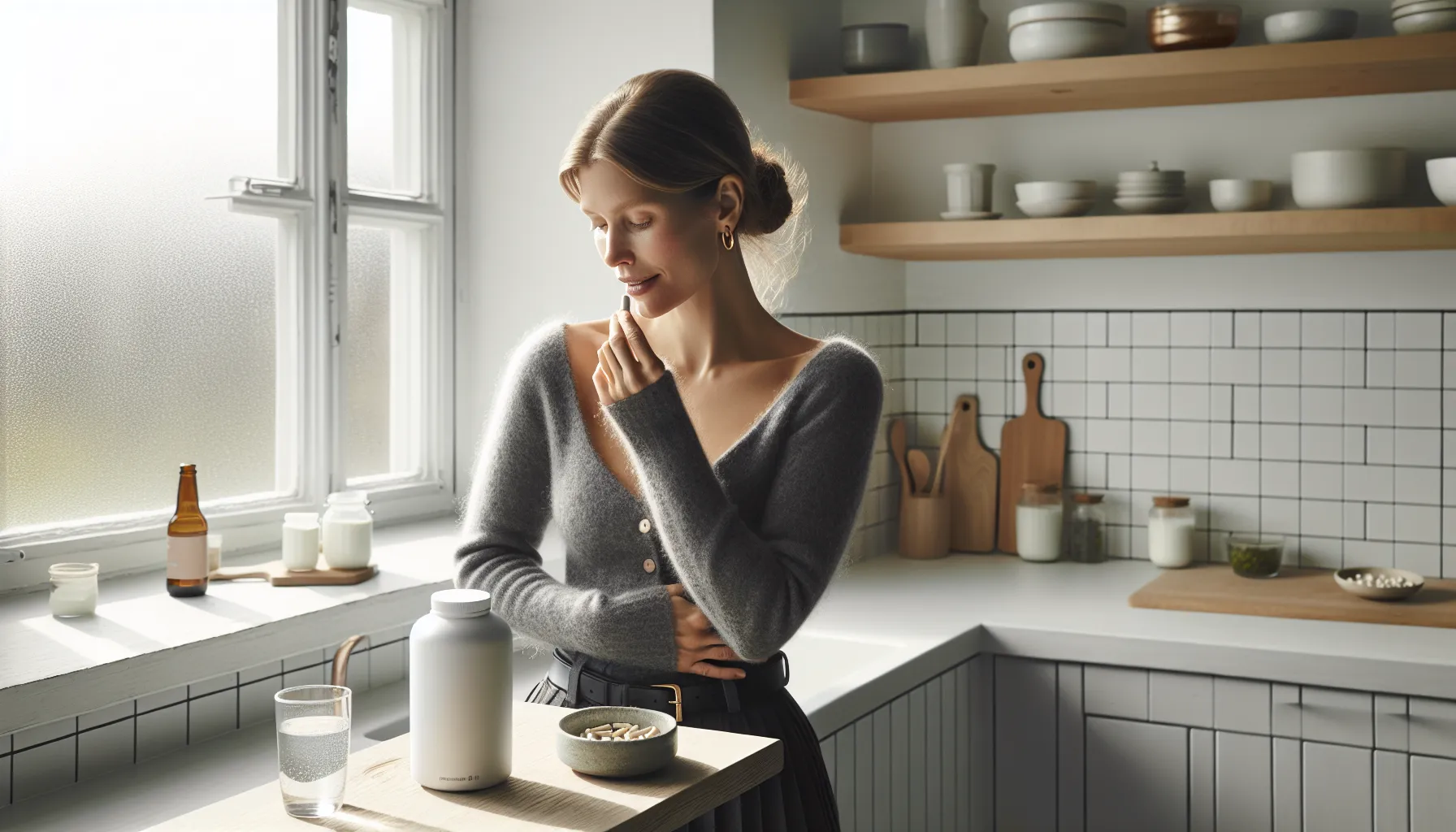 Norwegian woman taking a daily probiotic capsule in a bright kitchen.