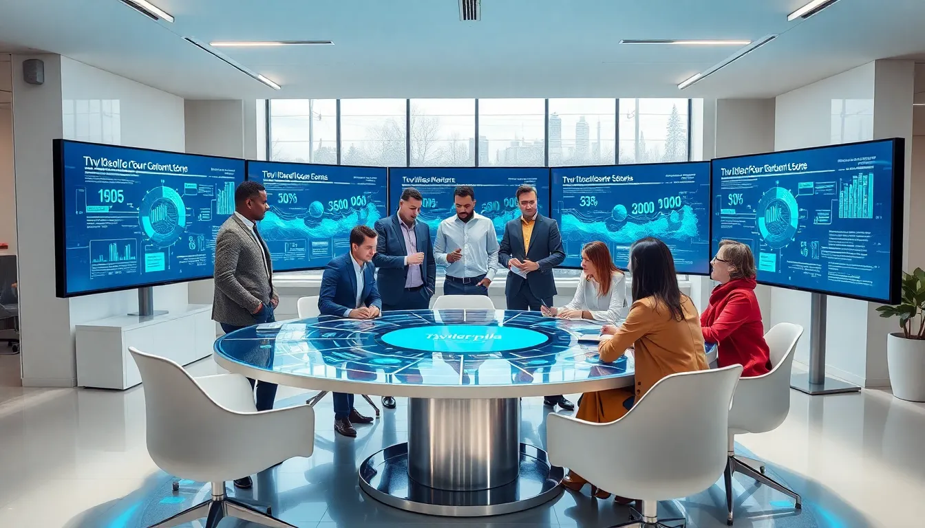 diverse team discussing technology in a modern office.