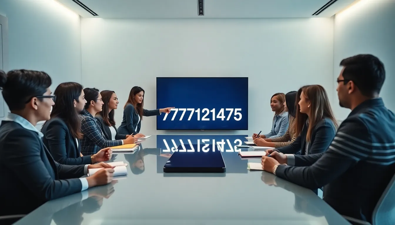 professionals discussing the significance of the number 7577121475 in an office.