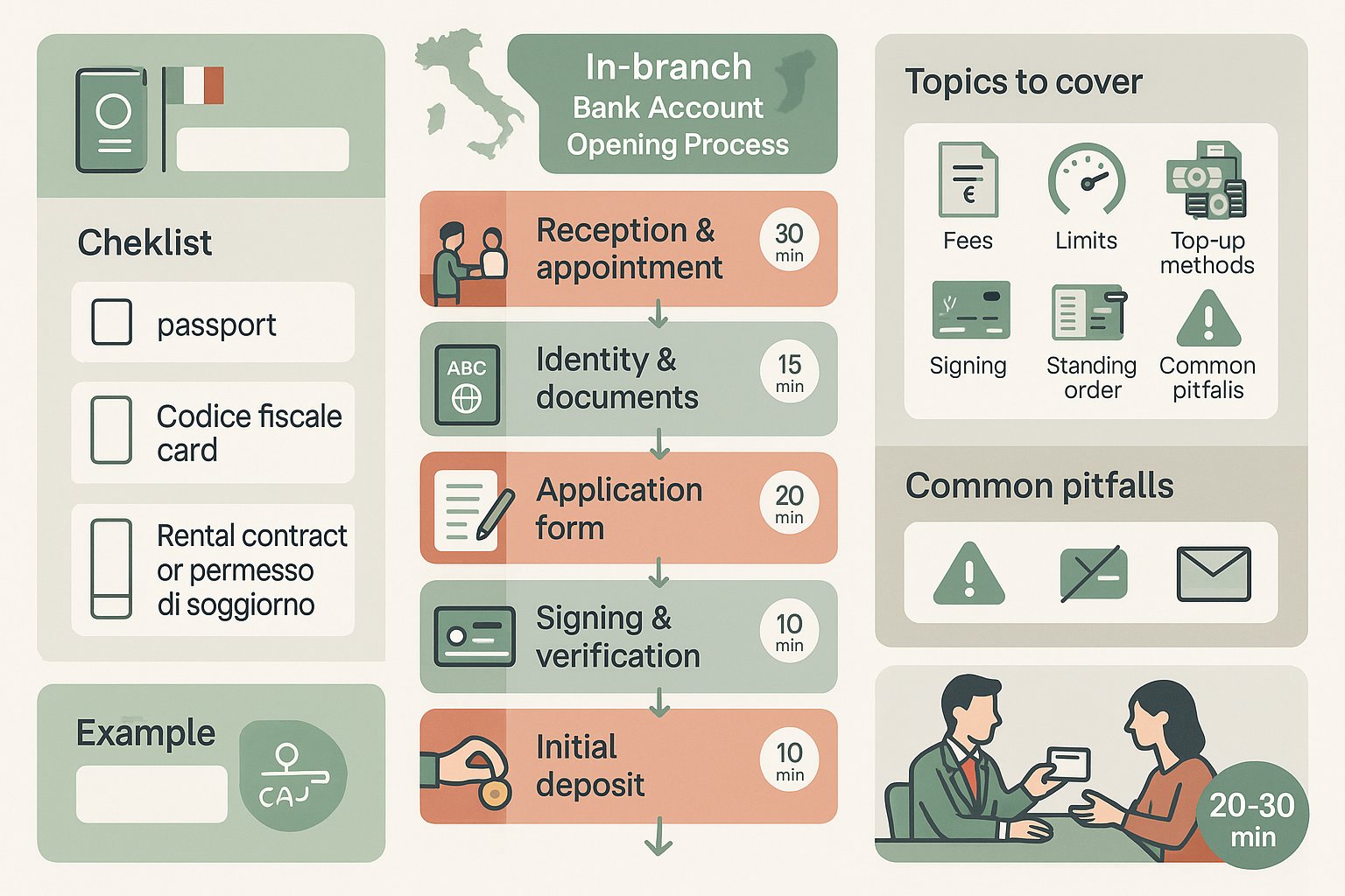 Infografica passo-passo dell'apertura di un conto bancario in filiale in Italia.