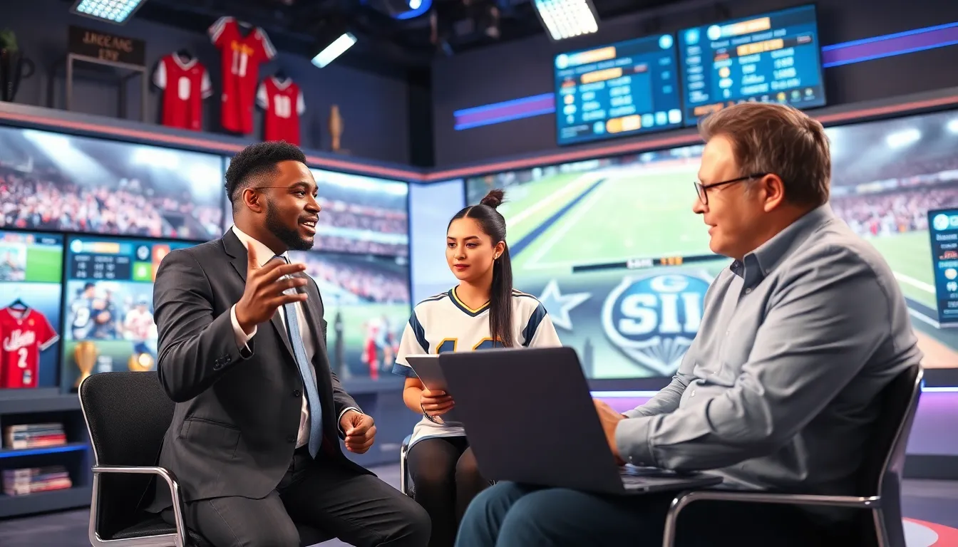three sports journalists discussing news in a modern studio with screens.