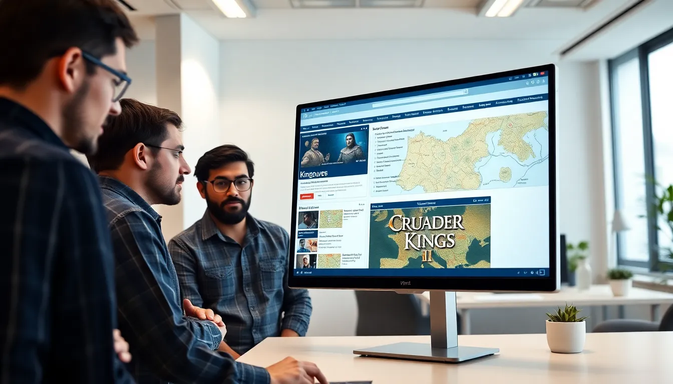 diverse team collaborating around a game strategy interface.
