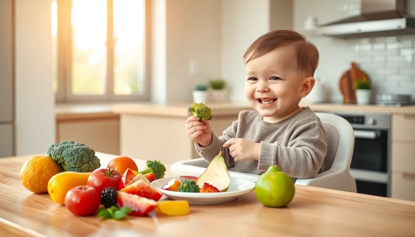 baby enjoying baby led weaning with whole foods in a modern kitchen.